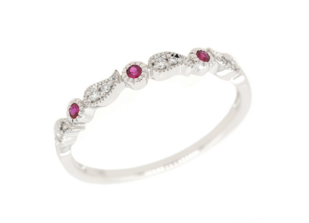 14KWG Ruby and Diamond “Paisley” Stackable Band
